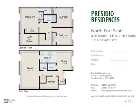 A floor plan for a 1,600 square foot 3 bedroom apartment with 1 full and 2 half baths from Presidio Residences.